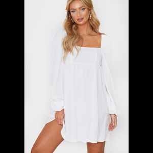 White Textured Square Neck Puff Sleeve Smock Dress